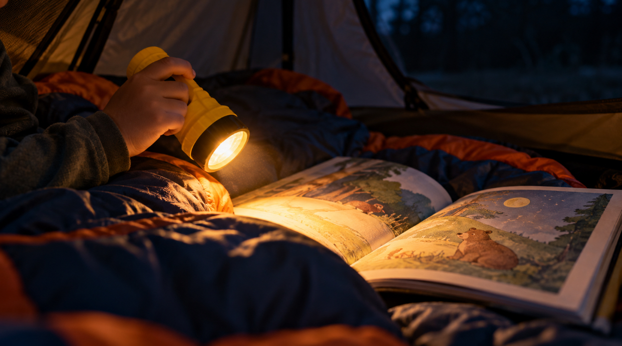 Child's hand holding a yellow kids flashlight inside a tent at night, lighting a picture book.