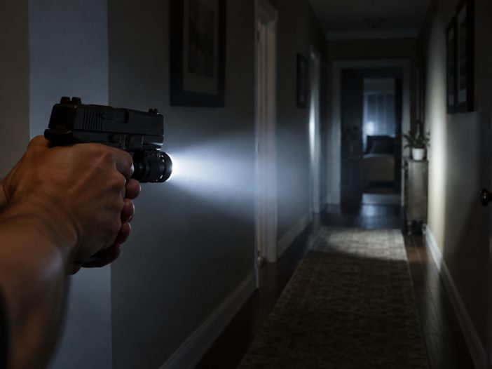 Pistol with a weapon light illuminating a dark hallway
