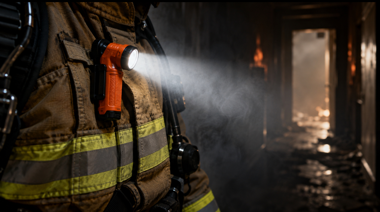 Orange right-angle firefighter flashlight clipped to a turnout coat, its beam cutting through smoke