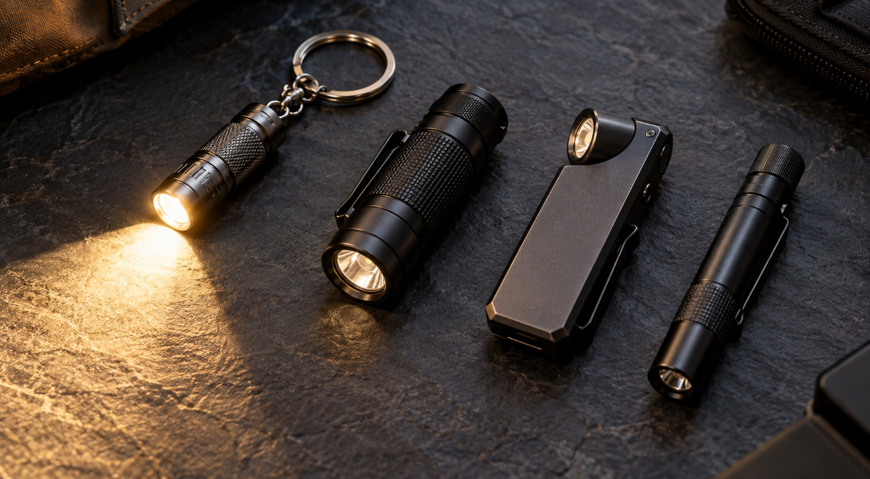 Four compact mini flashlights, including keychain, pocket and flat EDC styles, on a dark slate surface