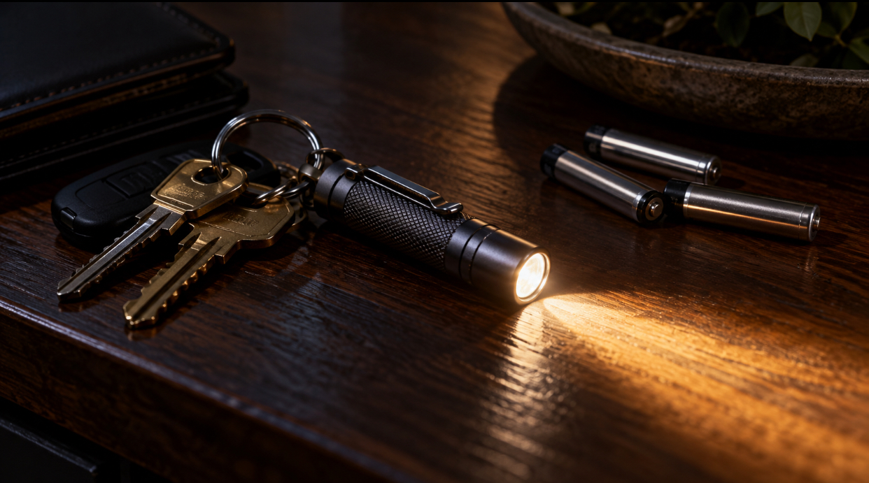 AAA flashlight on a key ring beside loose AAA batteries on a wooden table.