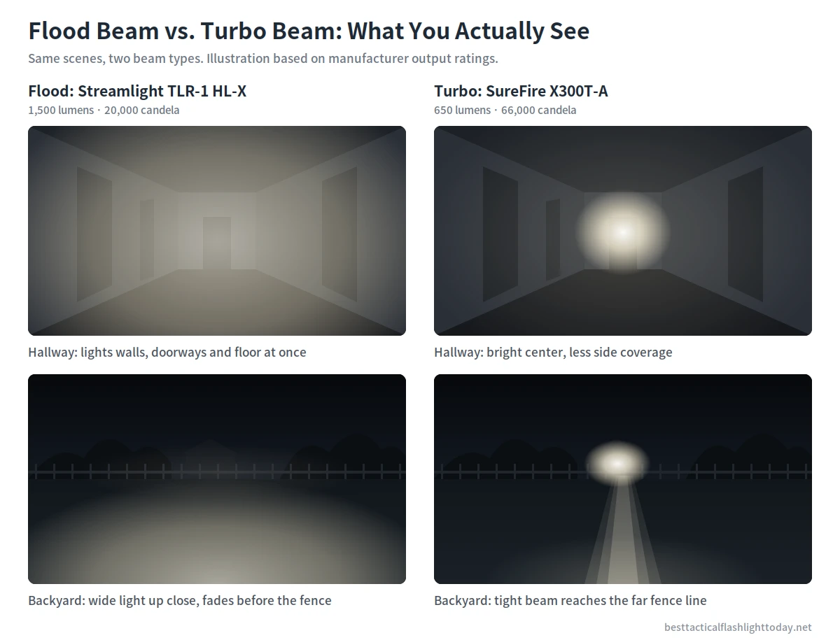 Flood beam vs turbo beam comparison in a hallway and backyard at night