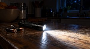Slim AA flashlight on a kitchen counter beside loose AA batteries, its beam lighting a dark room.