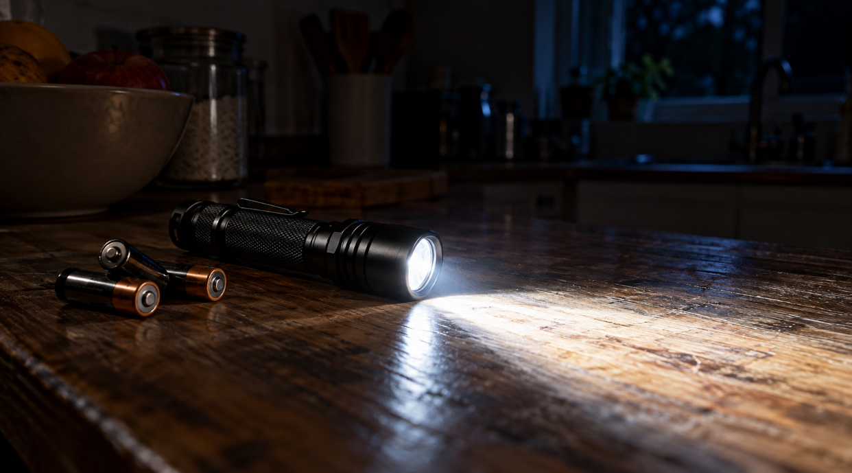 Slim AA flashlight on a kitchen counter beside loose AA batteries, its beam lighting a dark room. 
