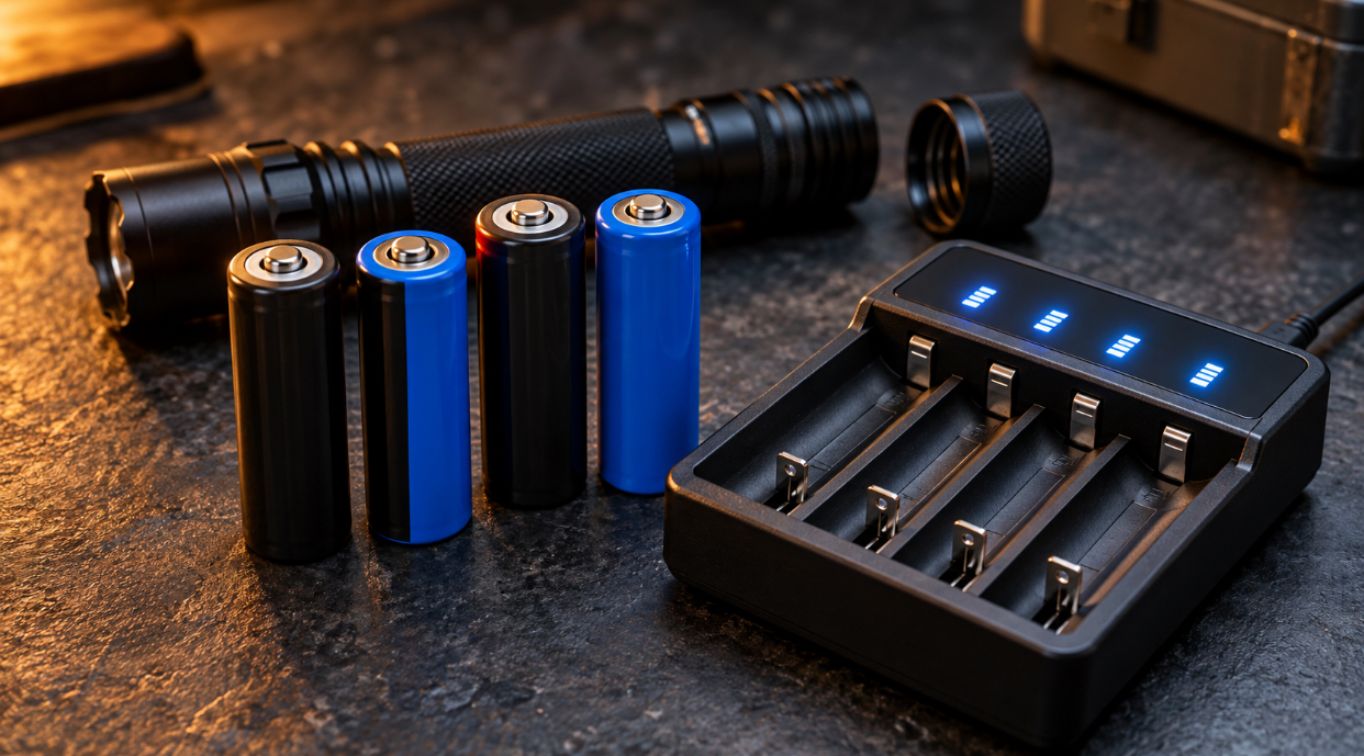 CR123A size 16340 batteries next to a four bay charger and a tactical flashlight