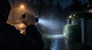 Person holding a tactical flashlight in a reverse grip on a dark sidewalk at night