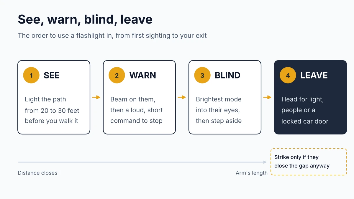 Flashlight self defense sequence: see, warn, blind, leave, with strikes only if the attacker closes the gap
