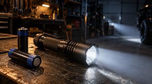 Black 18650 tactical flashlight on a slate workbench beside two spare 18650 batteries