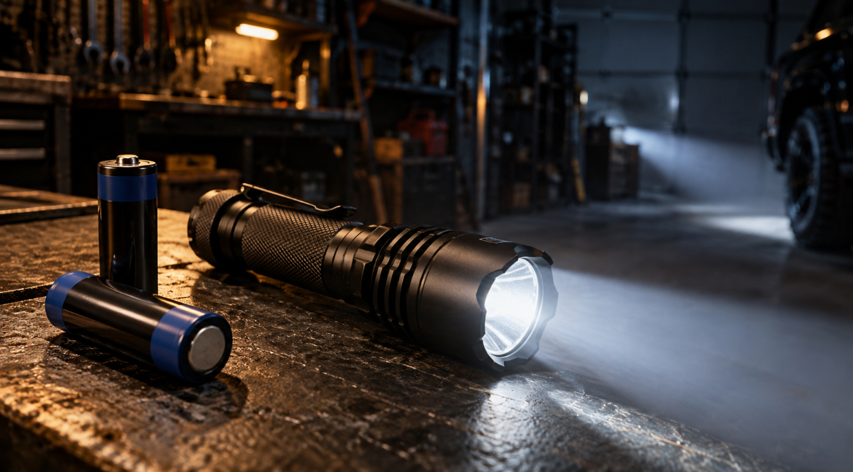 Black 18650 tactical flashlight on a slate workbench beside two spare 18650 batteries
