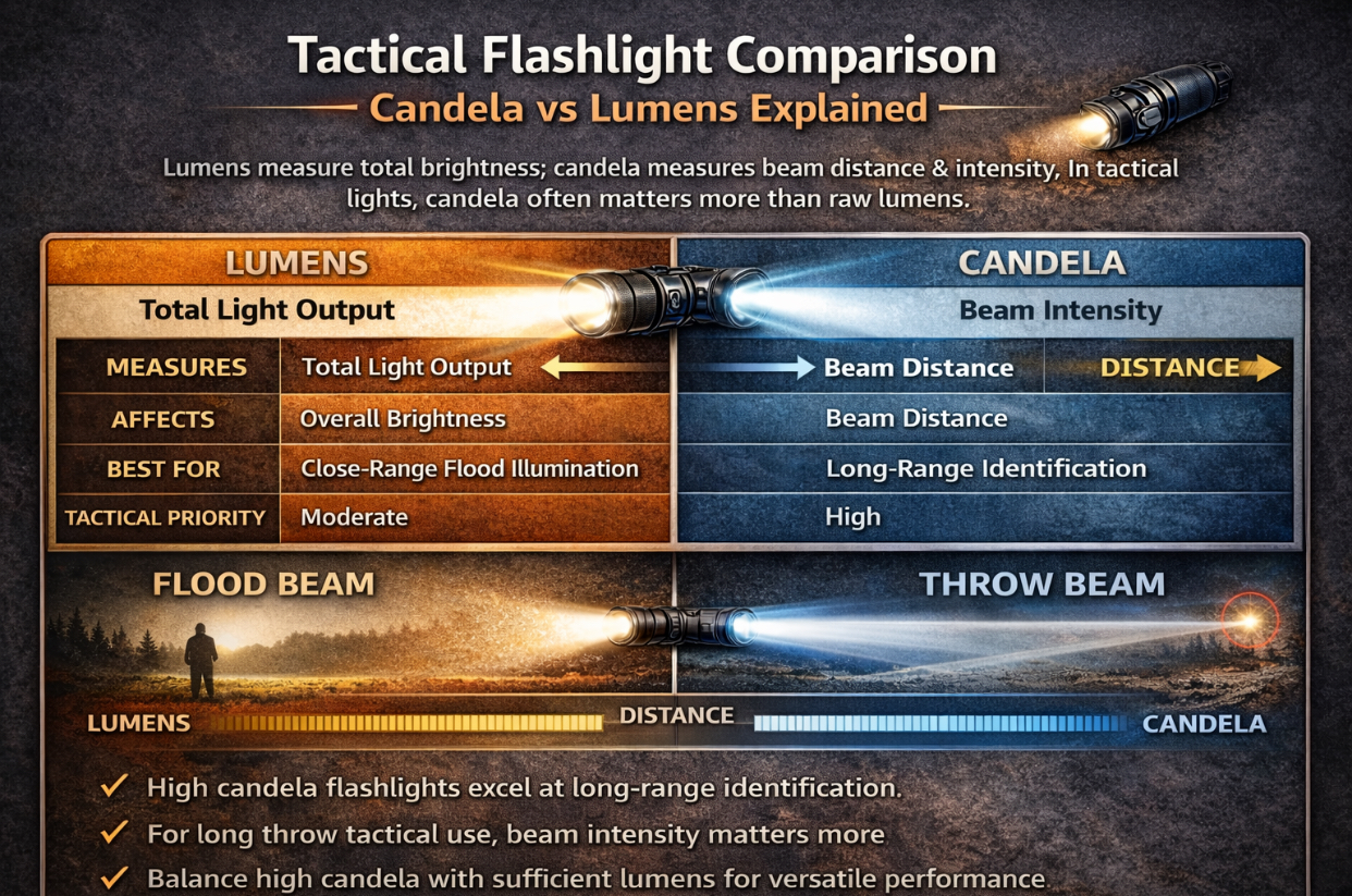 Candela vs lumens comparison chart for tactical flashlight selection.