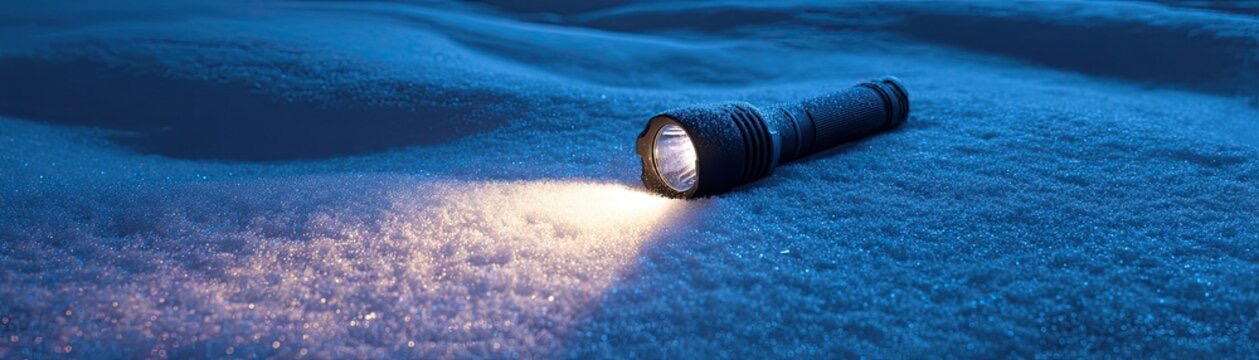 flashlight used in snowy winter environment survival situation