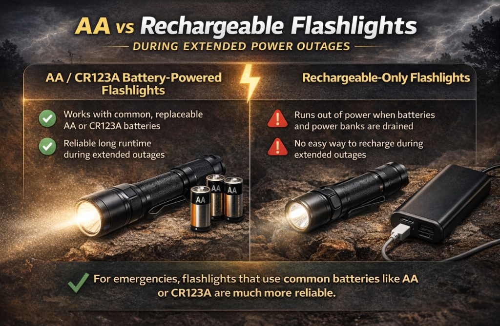 AA batteries vs rechargeable flashlights during power outages. Lights powered by common batteries are usually more reliable during extended outages.
