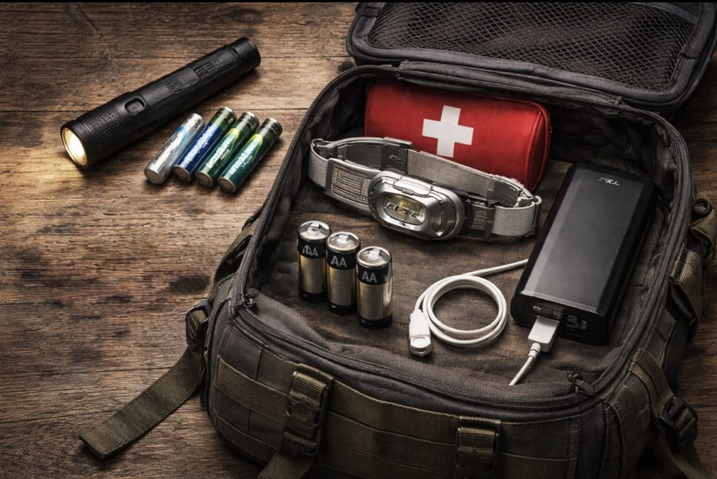 power outage emergency kit with flashlight batteries headlamp and power bank