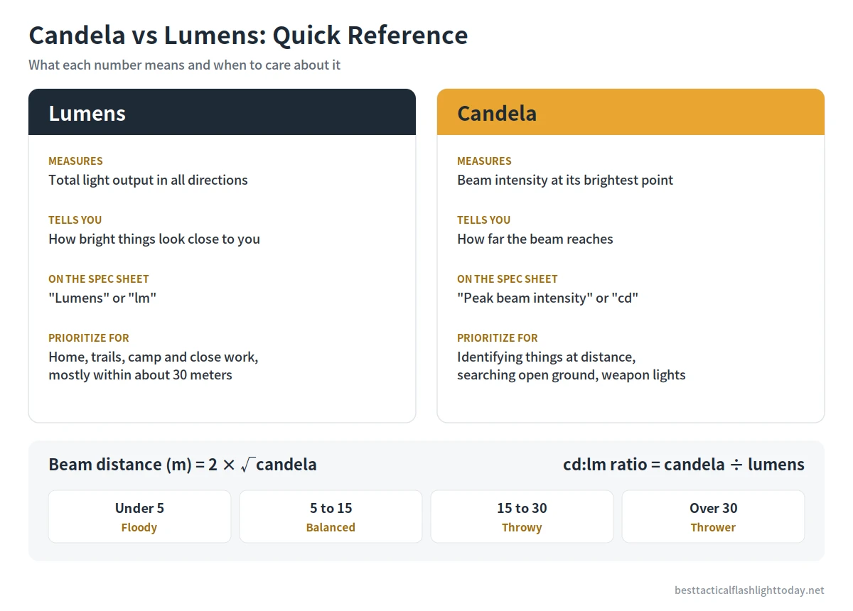 Candela vs lumens quick reference chart with the beam distance formula and cd:lm ratio ranges It compares lumens and candela side by side, with both formulas and the four ratio ranges at the bottom.