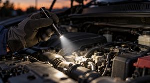 Slim aluminum penlight shining a beam into a car engine bay