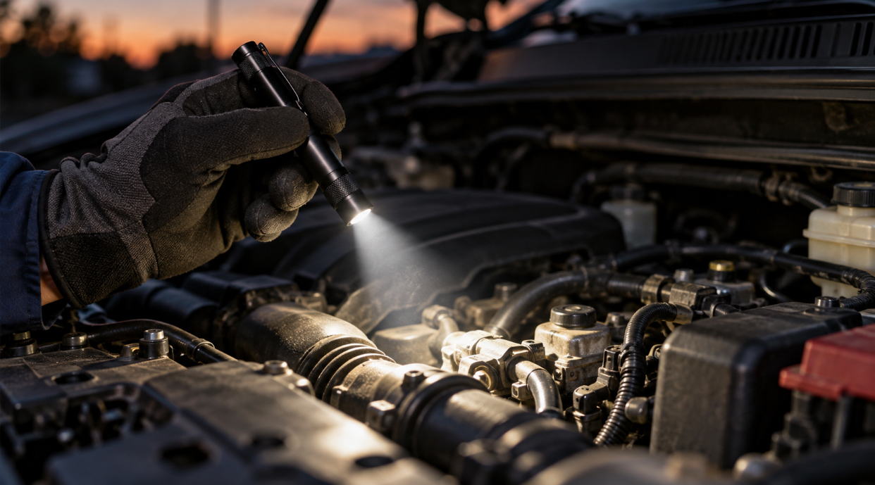 Slim aluminum penlight shining a beam into a car engine bay