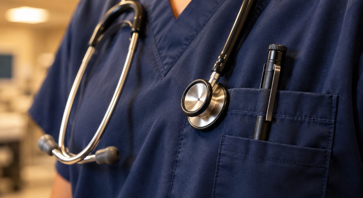 Medical penlight clipped to a scrub pocket beside a stethoscope