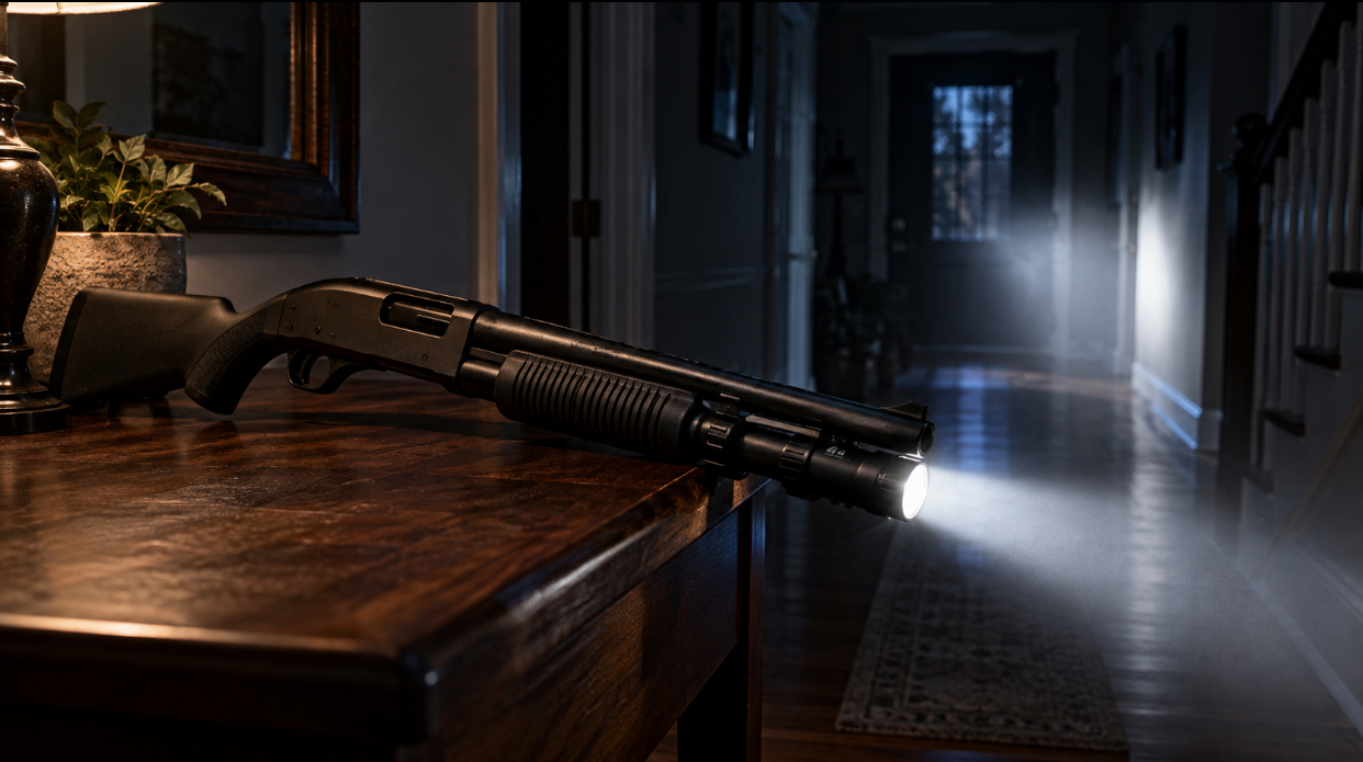Pump-action shotgun with a forend weapon light shining a beam down a dark hallway