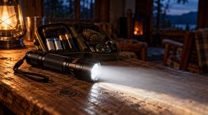 Tactical flashlight on a cabin table beside spare CR123A and AA batteries and a survival kit