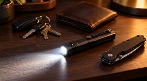 Flat EDC flashlight on a desk beside a pocketknife, keys and wallet