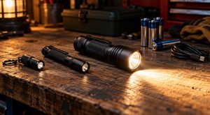 Three affordable flashlights on a wooden workbench, one switched on, with AA batteries and a charging cable