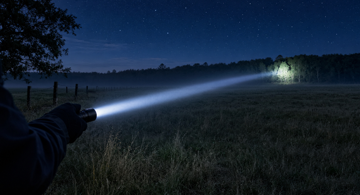 Long range throw flashlight beam reaching across a dark field to a distant tree line