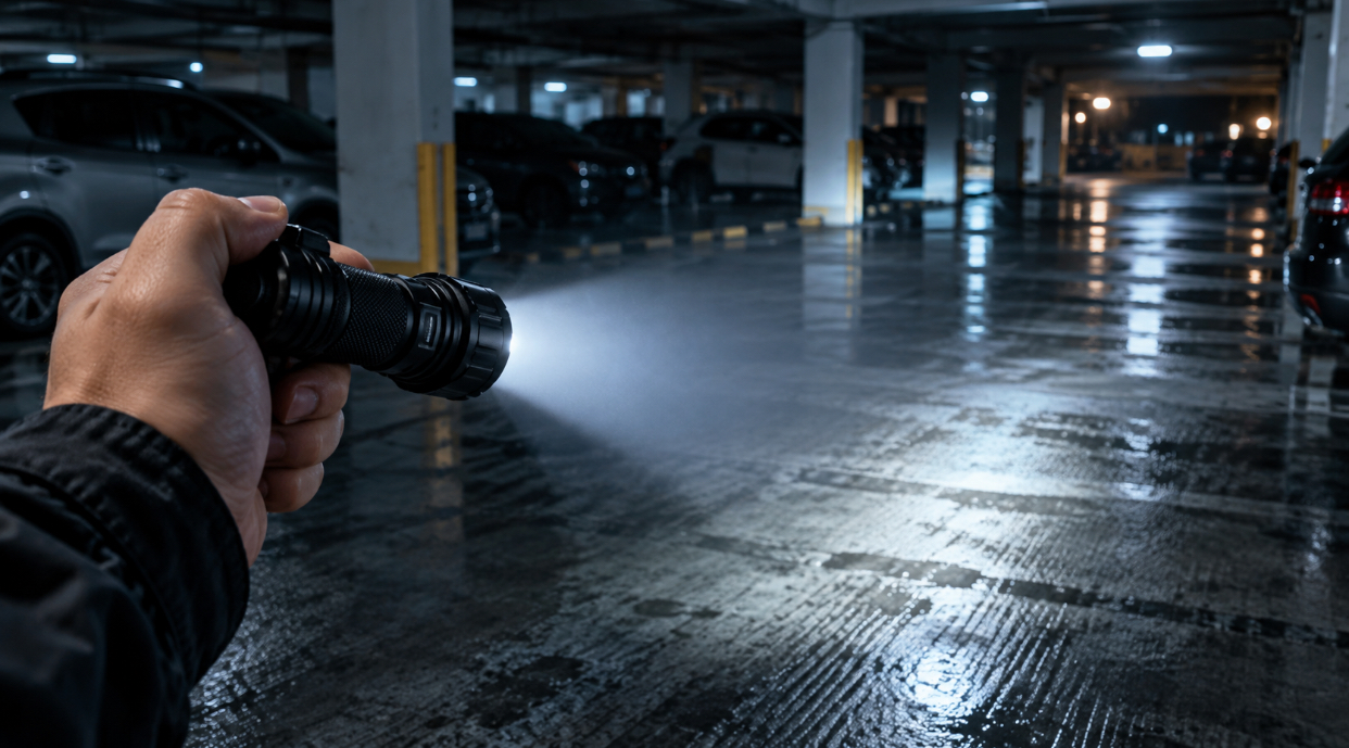 Hand holding a tactical flashlight with a bright beam in a dark parking garage