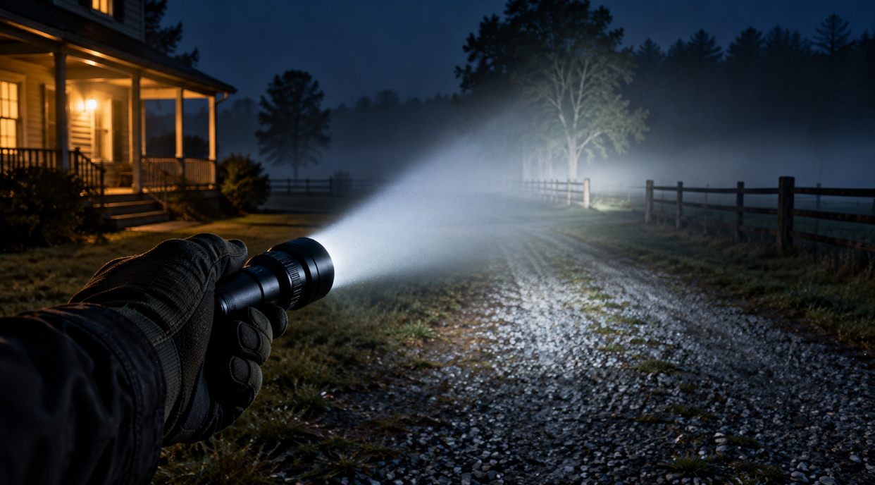 Gloved hand holding a tactical flashlight with a bright beam cutting through fog across a dark driveway