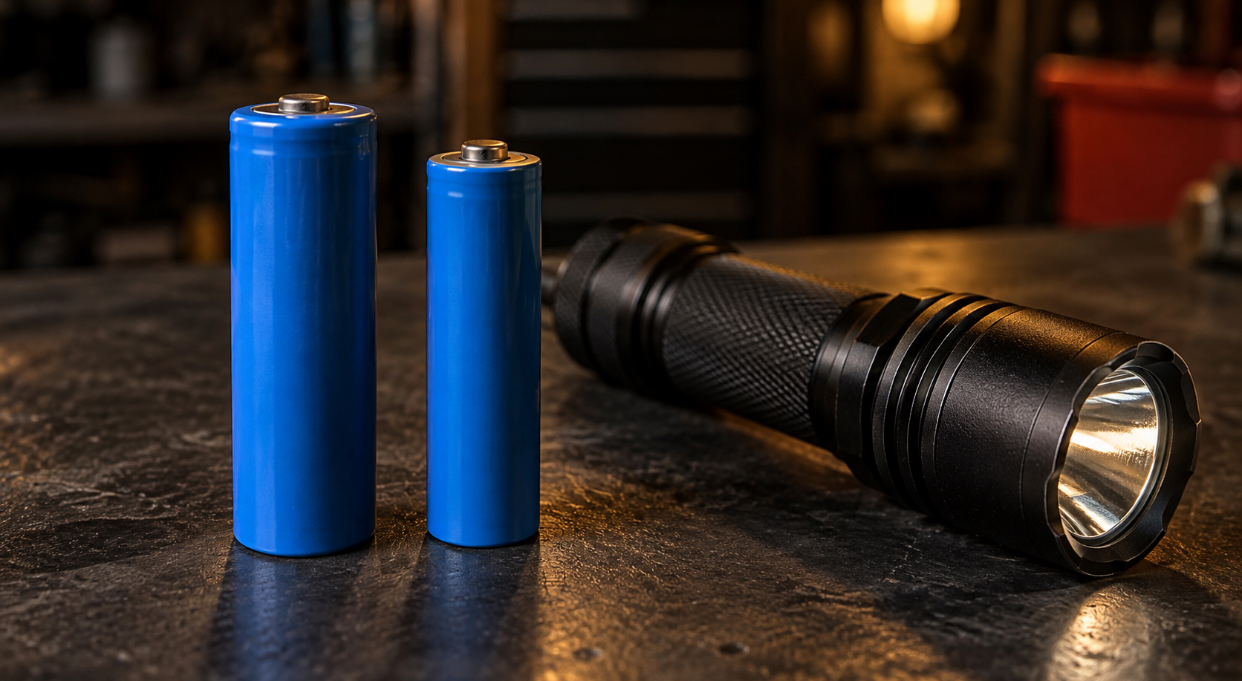 An 18650 and a 21700 battery standing side by side next to a compact black flashlight