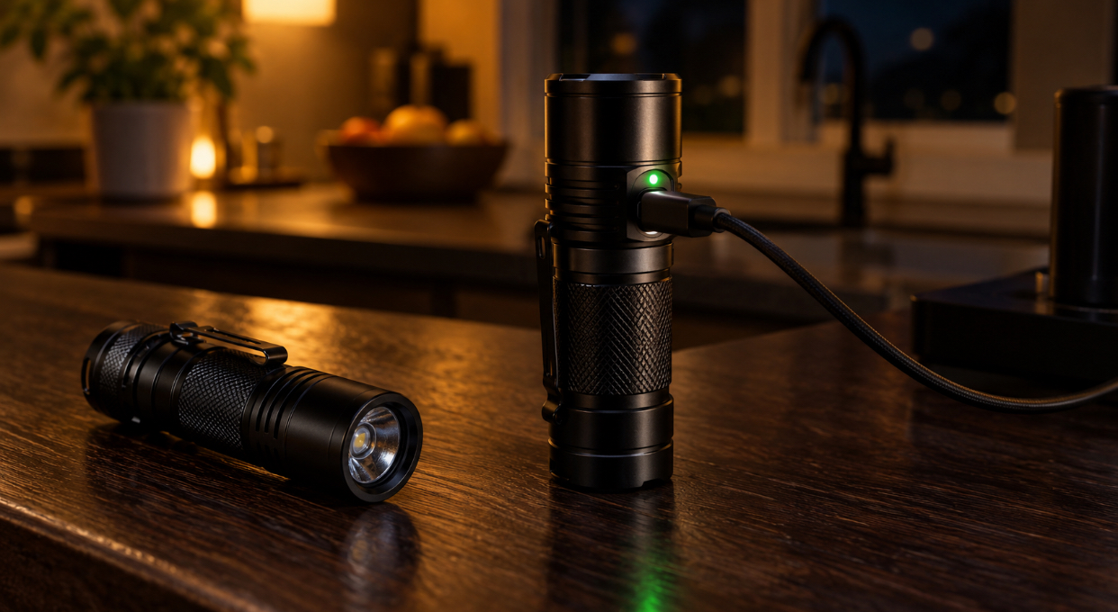 Black aluminum flashlight charging through a USB-C cable on a dark kitchen counter