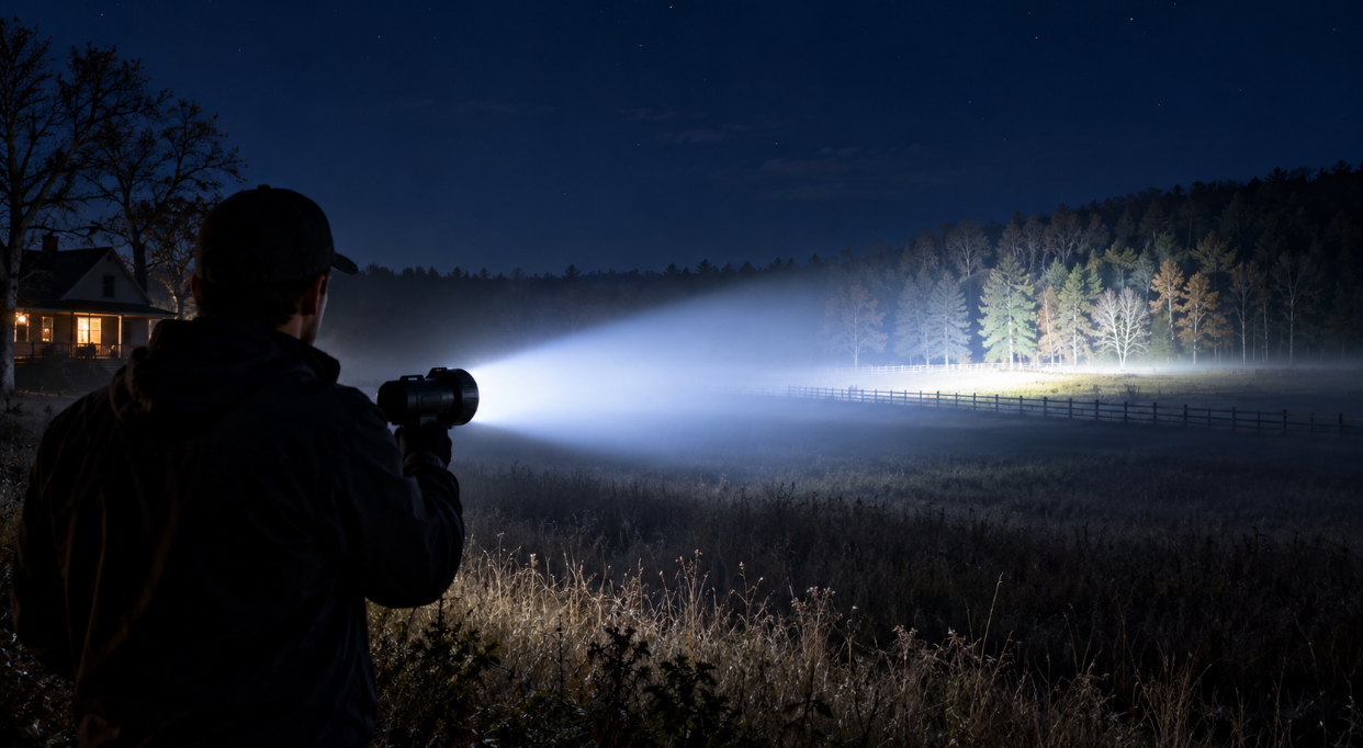Person holding a large flashlight whose beam lights up a distant tree line across a dark rural field