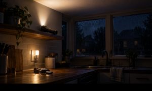 Flashlight lighting a dark kitchen during a power outage, with spare AA batteries on the counter