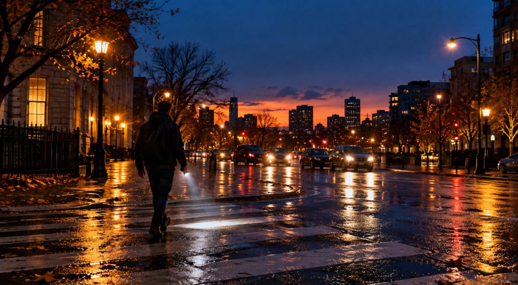 Pedestrian with a small flashlight crossing a city street at dusk