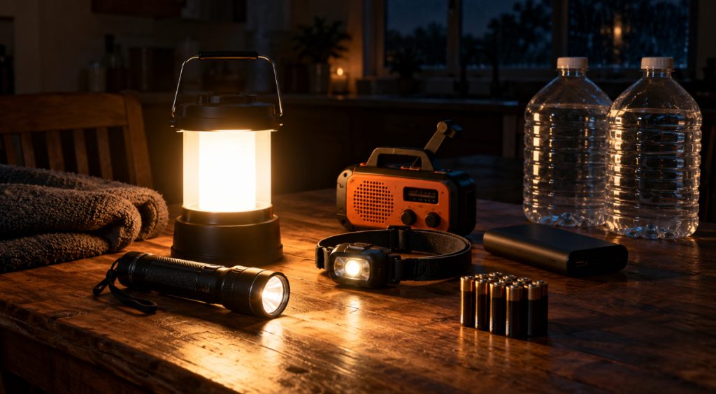 Power outage emergency kit on a kitchen table, lit by a lantern, with a flashlight, headlamp, radio, power bank, batteries and water