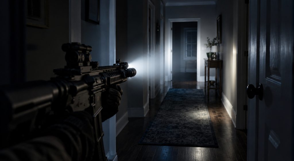 AR-15 rifle with a weapon light lighting a dark hallway at night