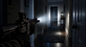 AR-15 rifle with a weapon light lighting a dark hallway at night
