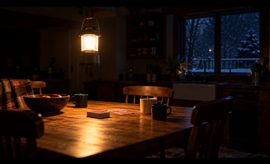 Battery lantern hanging over a kitchen table, lighting the room during a power outage
