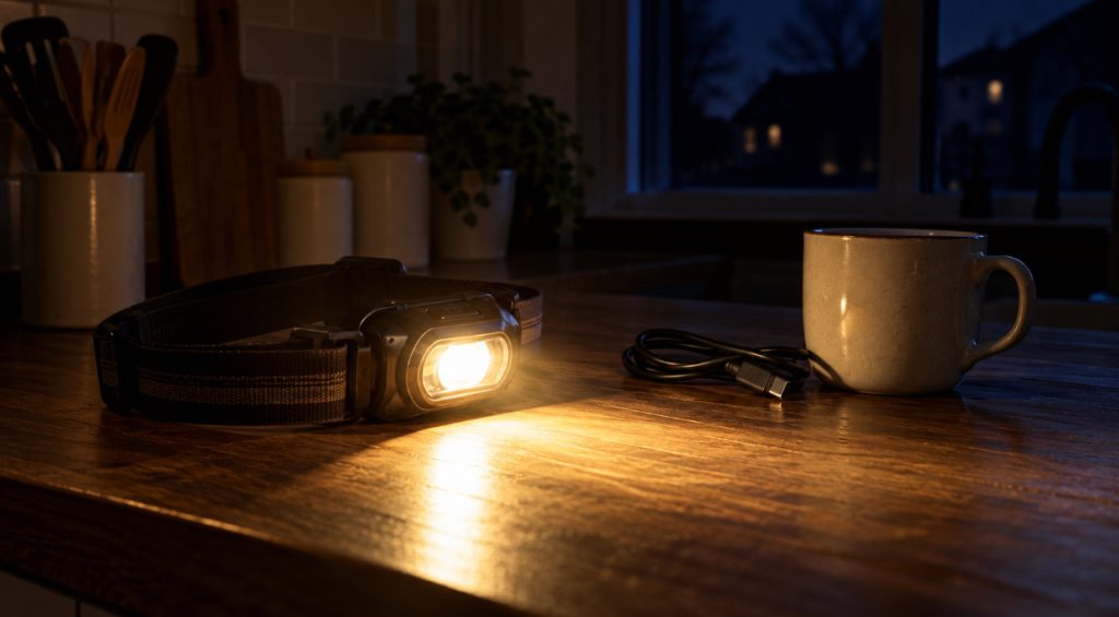 Rechargeable headlamp switched on beside a USB-C cable on a kitchen counter during a power outage
