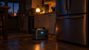 Portable power station for home backup running a refrigerator in a dark kitchen during a power outage