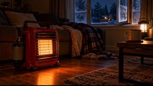 Portable indoor propane heater glowing in a dark living room during a winter power outage, with a window cracked open for fresh air