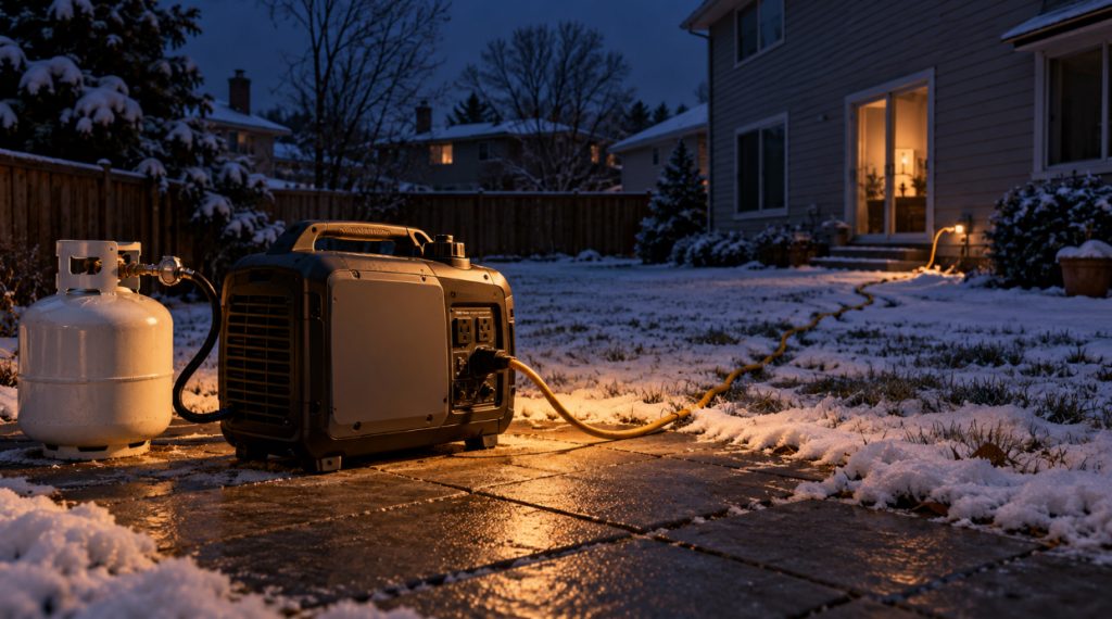 Dual fuel inverter generator running on propane on a patio well away from the house during a winter power outage