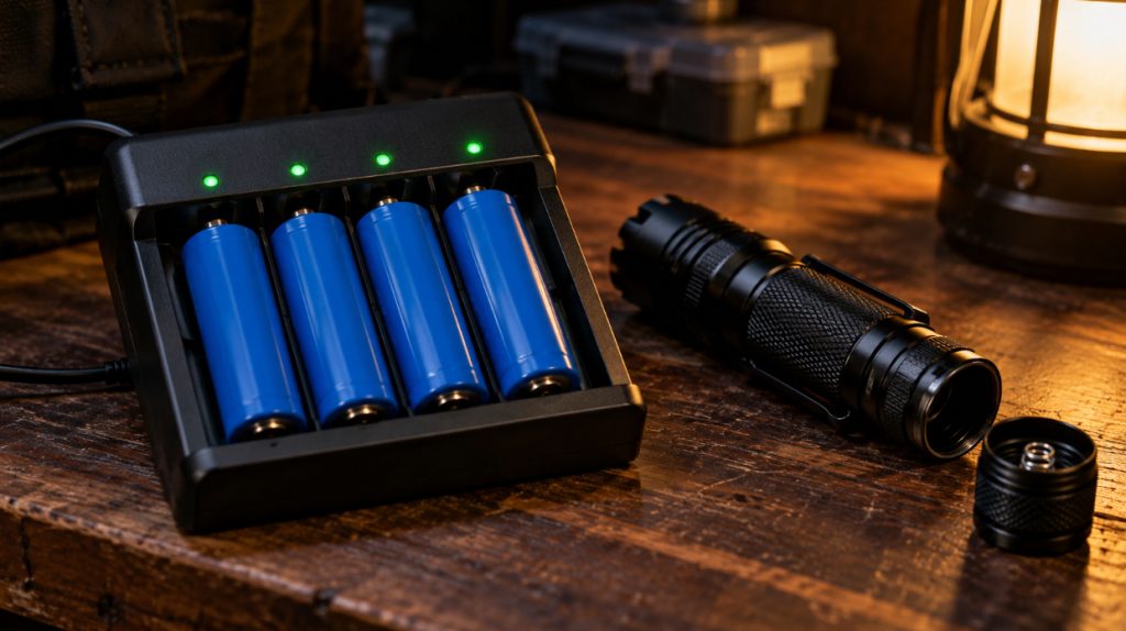 Four 18650 batteries charging in a four-bay charger next to a tactical flashlight on a workbench