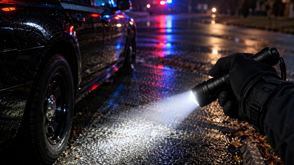 Gloved hand holding a tactical flashlight beside a patrol car at night