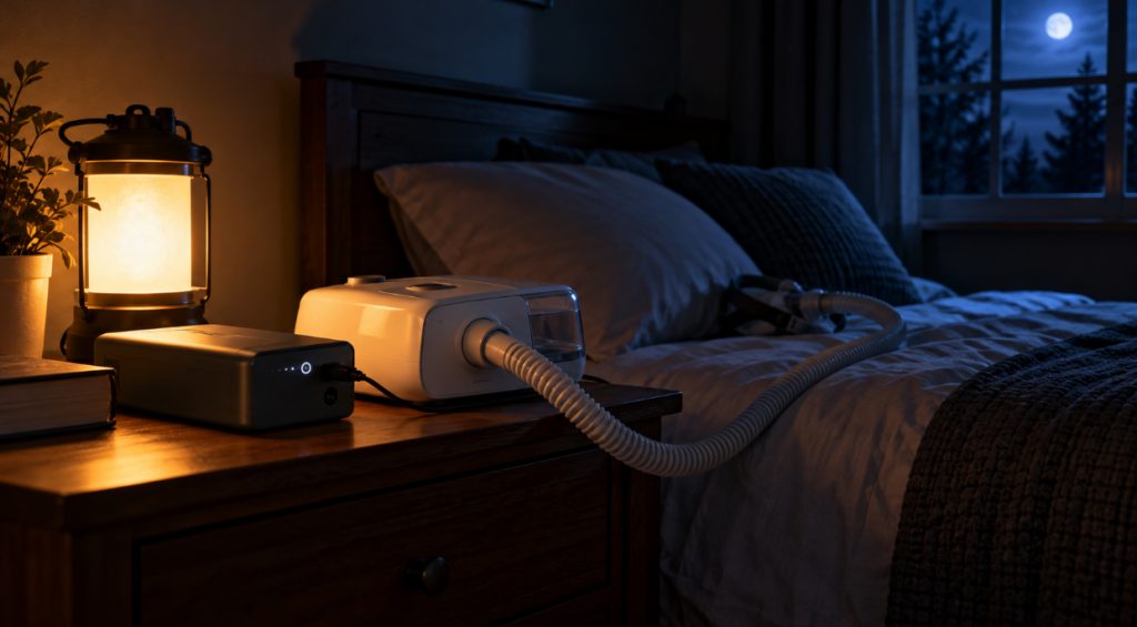 CPAP machine on a nightstand running from a battery backup in a dark bedroom during a power outage