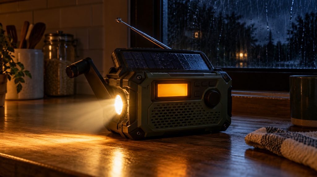 Hand crank emergency radio with its flashlight on, sitting on a kitchen counter during a stormy power outage at night