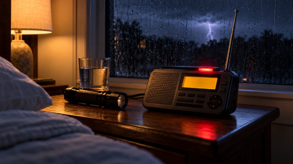 Weather alert radio glowing red on a bedside table during a nighttime thunderstorm