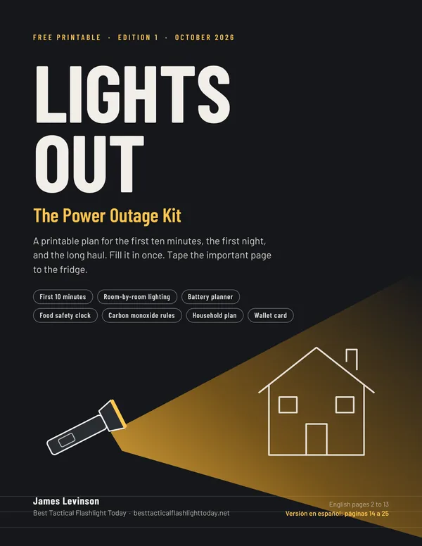 Cover of the Lights Out power outage kit, a flashlight beam lighting up a house outline