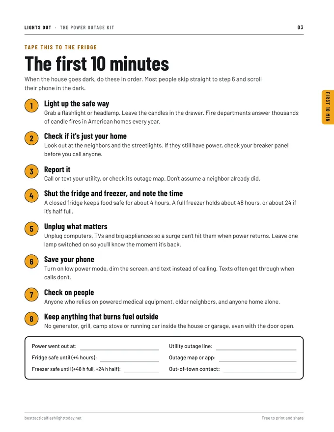Page 3 of the kit: the first 10 minutes of a power outage in eight numbered steps