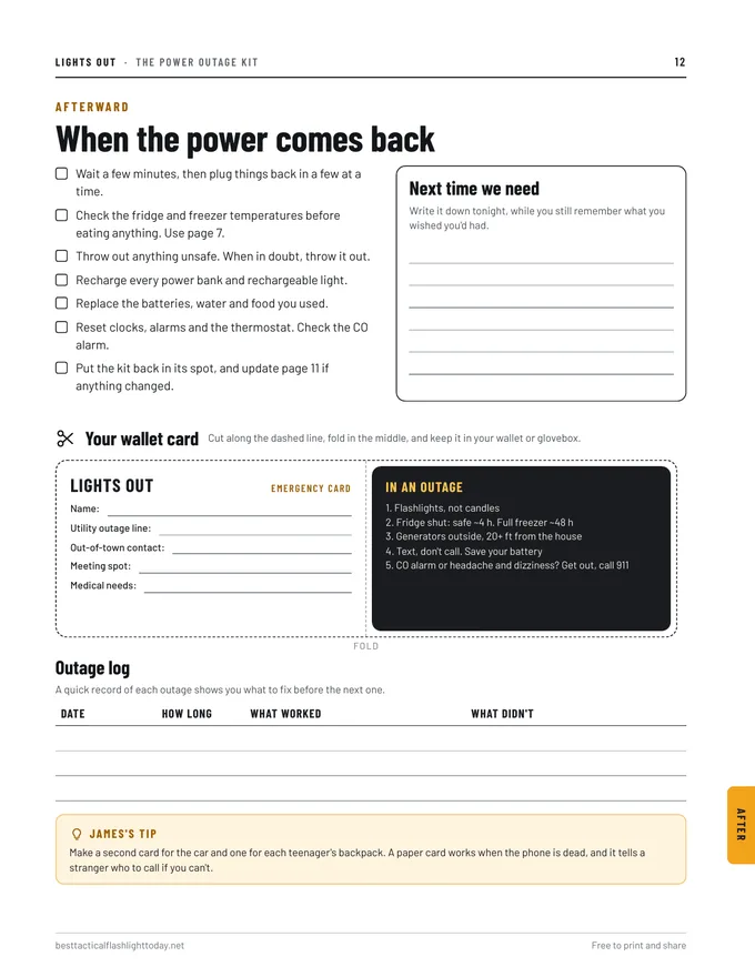 Page 12 of the kit: a checklist for when the power comes back and a fold-up wallet card