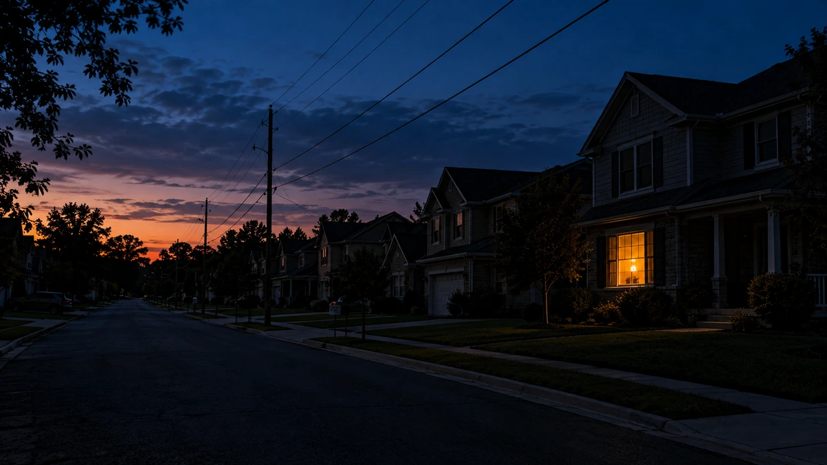 Suburban street during a power outage with one window lit by a lantern